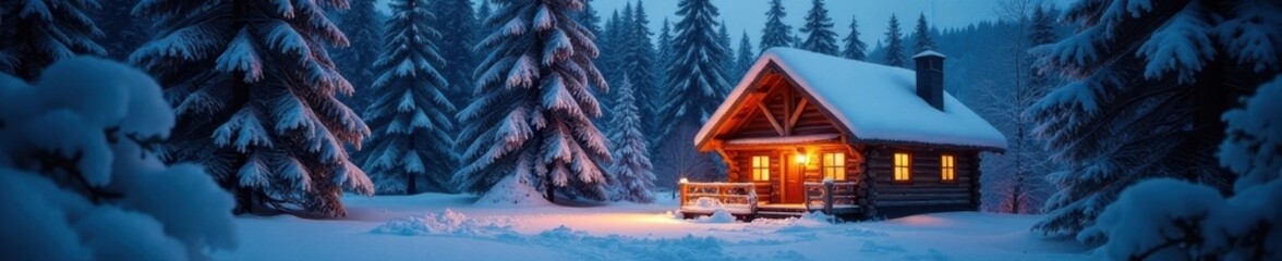 Fototapeta premium Snow-covered pine trees, twinkling lights, cozy cabin , greeting, magical, background