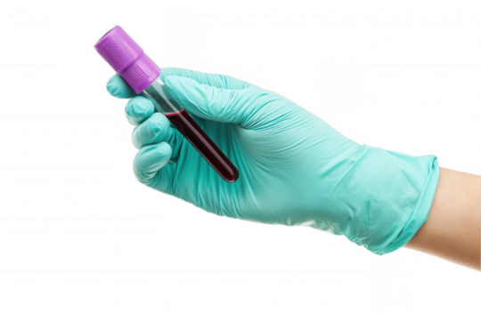 Hand in teal gloves holding a blood collection tube with purple cap against transparent background, isolated for medical illustration or educational use