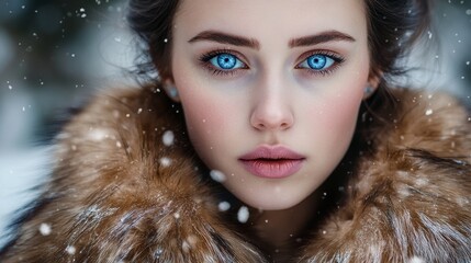 Elegant Russian Woman in Close-Up Portrait with Snowy Background