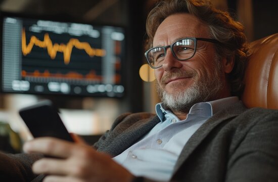 Confident middle-aged businessman analyzing stock market data on mobile device