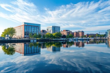 Obraz premium Picturesque waterfront skyline reflecting in calm waters urban development harmony cityscape photography serene environment panoramic view gigapixel concept