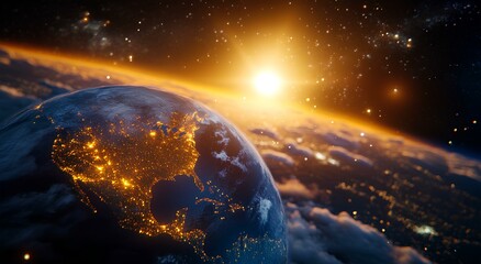 Obraz premium A beautiful Earth floating in the sky, surrounded by clouds and light rays shining down on it. The sun is visible behind the planet, casting its warm glow over everything below. In front of the Earth.
