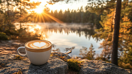 Serene sunrise over a tranquil lake with a heart-shaped latte art coffee in the foreground