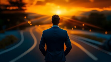 A business leader standing confidently in front of a roadmap to success, digital business concept