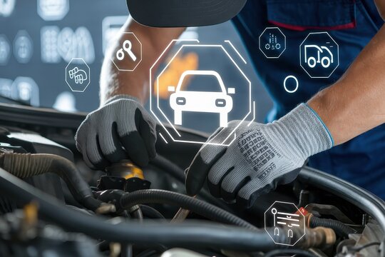 Mechanic repairing car engine with digital interface overlay