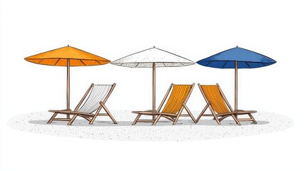 Colorful Beach Umbrellas and Deck Chairs in a Relaxing Coastal Setting Illustration