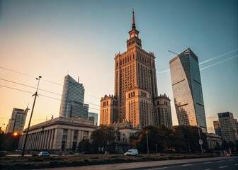 Obraz premium Warsaw Skyscraper Dawn Reflection - Modern Architecture, Poland, October 2021