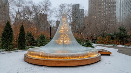 Enchanted Winter Tree Installation in Snowy Park