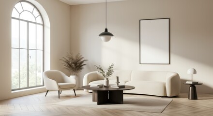 A bright and airy living room with a minimalist aesthetic and a large black-framed blank poster hangs on the wall