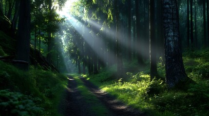 Obraz premium Sunbeams Illuminating a Forest Path