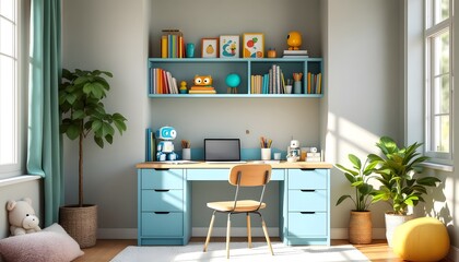 A small study area in a child&rsquo;s bedroom, with a custom-built desk and chair set in a sunny alcove. The desk is painted in a cheerful light blue, and a row of shelves above it is filled with 