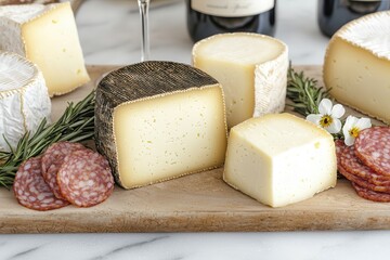 A gourmet cheese platter with artisanal selections and charcuterie. Cheese platter with assorted cheeses and salami on a wooden board.
