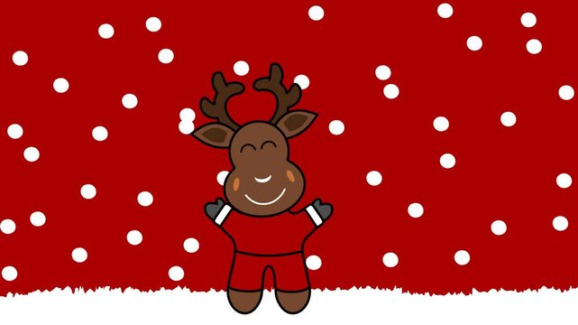 A cheerful reindeer with falling snow at Christmas on a red and green background - animation