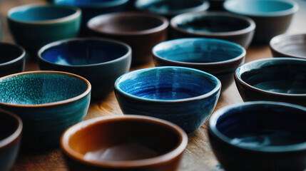 collection of ceramic serving bowls in various colors and sizes, showcasing intricate glazes and textures, perfect for dining or decoration