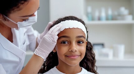Caring Professional Applying Treatment to Smiling Young Girl's Forehead