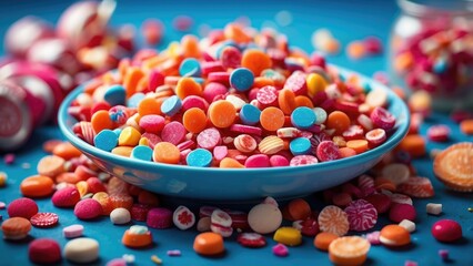 A white plate is centered on a light blue table with colorful assorted candies and sprinkles scattered both on the plate and around it.