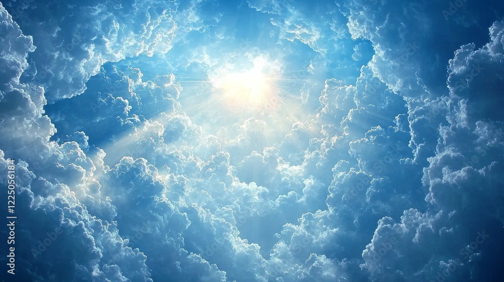 Poster radiant sunlight cascades through a mesmerizing arrangement of fluffy clouds, creating a breathtakin