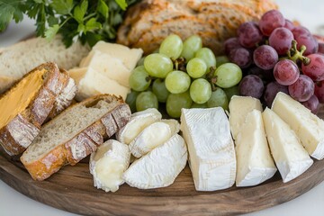 A gourmet cheese platter with artisanal selections and charcuterie. Cheese platter with bread, grapes, and parsley on a wooden board.