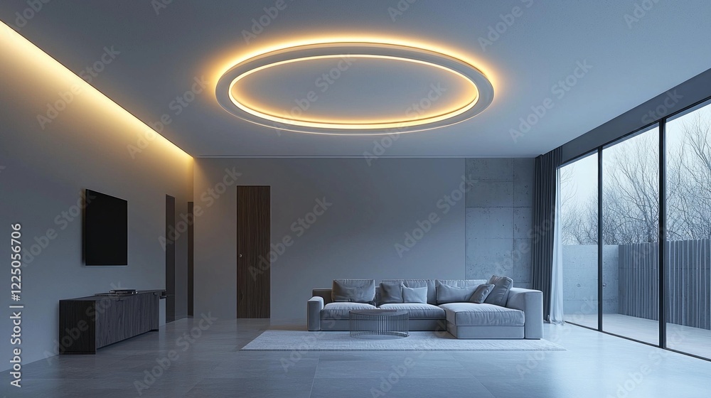 Poster in a spacious and stylish living room, a sleek circular ceiling light fixture casts a warm glow, com