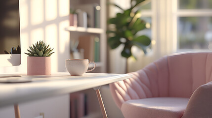 A serene workspace bathed in sunlight, featuring a minimalist desk with a succulent, coffee cup, and a plush pink armchair.
