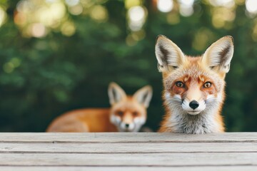 Two red foxes looking over wooden table in forest