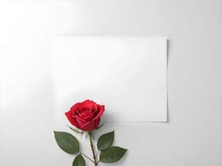 A crisp and modern design featuring a single red rose lying on a plain white background.
