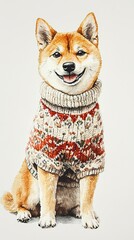 Watercolor Shiba Inu in a Festive Sweater