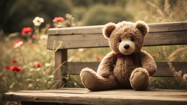 A plush teddy bear with a brown body, dark nose