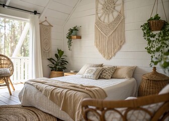 Whimsical Boho Bedroom: White & Beige Interior Design, Tilt-Shift Photography