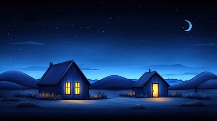 Fototapeta premium Serene Night Landscape with Cozy Houses Under a Starry Sky and Crescent Moon