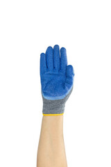 A worker is showing a gesture with an open palm and five fingers. The male hand is wearing a blue work glove and is isolated on a white background with clipping path.