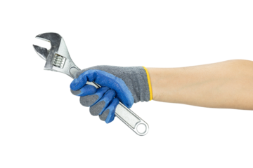 A man's hand wearing a blue work glove is holding an adjustable wrench, isolated on a white background with a clipping path.