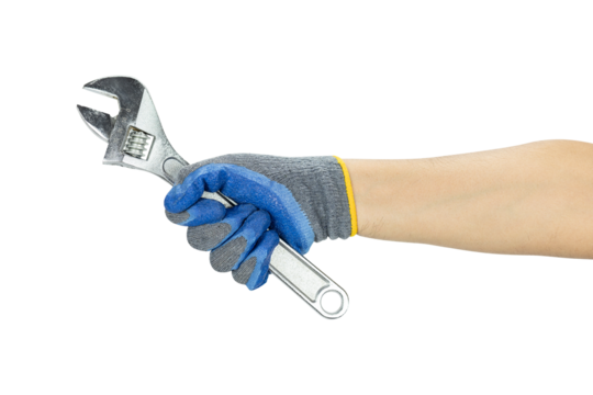 A man's hand wearing a blue work glove is holding an adjustable wrench, isolated on a white background with a clipping path.
