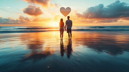 Fototapeta premium Young couple holding hands on beach at sunset with heart shape above, representing romance and relationship concept in natural setting
