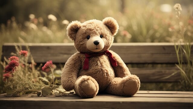 A plush teddy bear with a brown body, dark nose