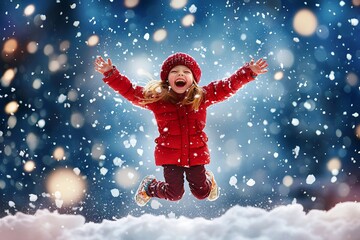 Joyful child in a red coat jumping in a snowy landscape, surrounded by falling snowflakes