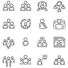 Team thin line icon set. Containing teamwork, group people, achievement, collaboration, cooperation, leadership, meeting, management, togetherness, organization. Vector illustration