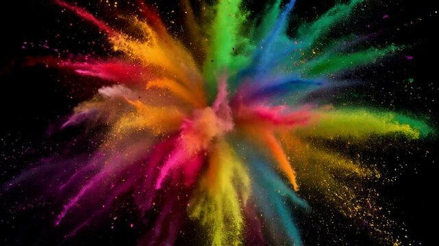 A dramatic explosion of vibrant Holi powder in a dark background, creating a colorful abstract pattern.