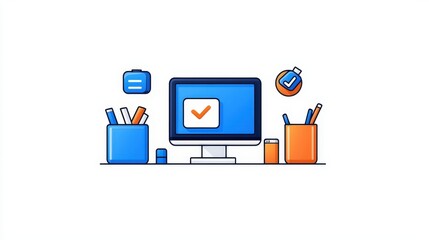 Modern Workspace Illustration with Computer and Office Supplies for Productivity and Organization