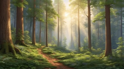 Fototapeta premium A dense, vibrant green forest with a large recycle symbol