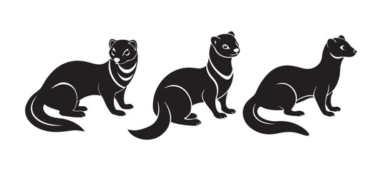 set of ferret silhouette, black and white silhouette, vector and illustration