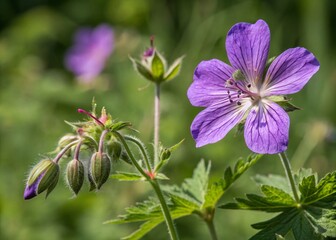 Wild Purple Geranium Flower Closeup, Blooming Meadow, Nature Photography