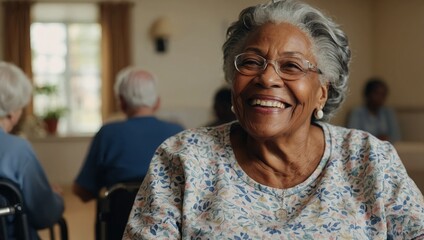A joyful African American senior woman sitting comfortably in a nursing home, smiling warmly at the camera