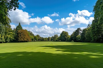 Lush Green Landscape Under Blue Sky with Fluffy Clouds