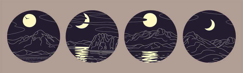 Set of Round Labels with Night Landscape