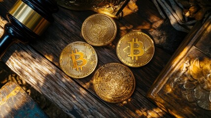 Golden Bitcoin Coins on Wooden Table with Gavel and Antique Decor