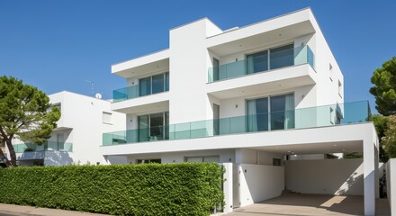 Obraz premium A stunning all-white modern villa with bold angular architecture and a clean aesthetic and home features wrap-around glass balconies