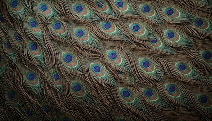 Obraz premium Many iridescent peacock feathers create beautiful overlapping patterns.
