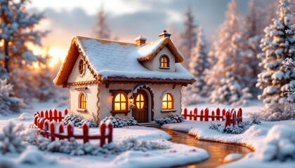 Naklejka premium A small, quaint ice cream cottage surrounded by snow. The cottage walls are made from perfectly molded layers of chocolate and vanilla ice cream, showing fine cracks and frosty textures. The