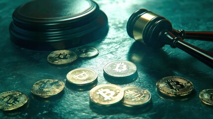 Bitcoin Coins and Gavel Symbolizing Cryptocurrency Law and Justice